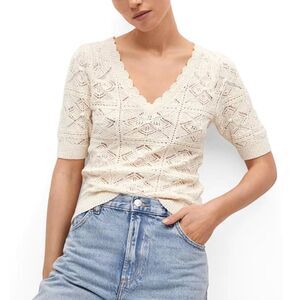 Lilou Cream Crochet Knit Short Sleeve V-Neck Crop Sweater Top - Size Small